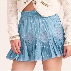 LoveShackFancy Light Blue Polka Dot Lace-Trim Mini Skirt NWT
